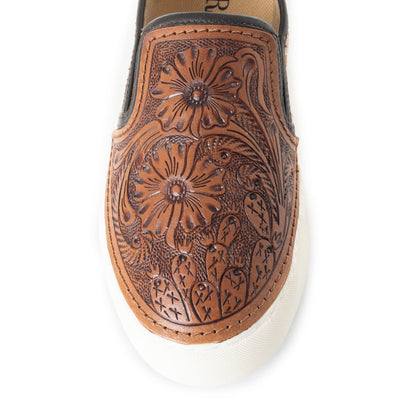 Myra Kryptun Western Handtooled Hairon Leather Slip-On Sneakers for Women – Western Floral Carving, White Sole for Everyday Rodeo Vibe