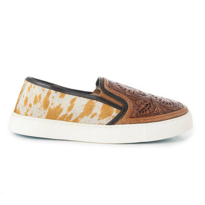 Myra Rodon Western Handtooled Leather Slip-On Sneakers – Cowgirl Casual Shoes with Floral Engraving and Hairon Accents