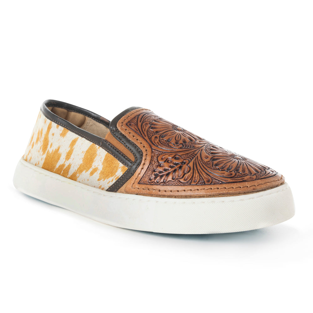 Myra Rodon Western Handtooled Leather Slip-On Sneakers – Cowgirl Casual Shoes with Floral Engraving and Hairon Accents