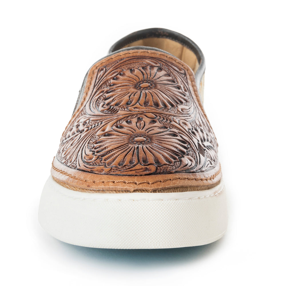 Myra Rodon Western Handtooled Leather Slip-On Sneakers – Cowgirl Casual Shoes with Floral Engraving and Hairon Accents