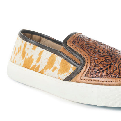 Myra Rodon Western Handtooled Leather Slip-On Sneakers – Cowgirl Casual Shoes with Floral Engraving and Hairon Accents