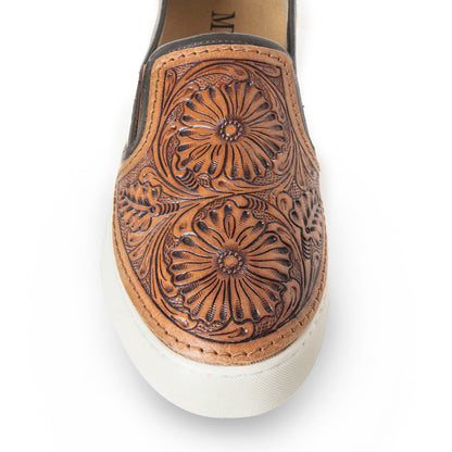 Myra Rodon Western Handtooled Leather Slip-On Sneakers – Cowgirl Casual Shoes with Floral Engraving and Hairon Accents