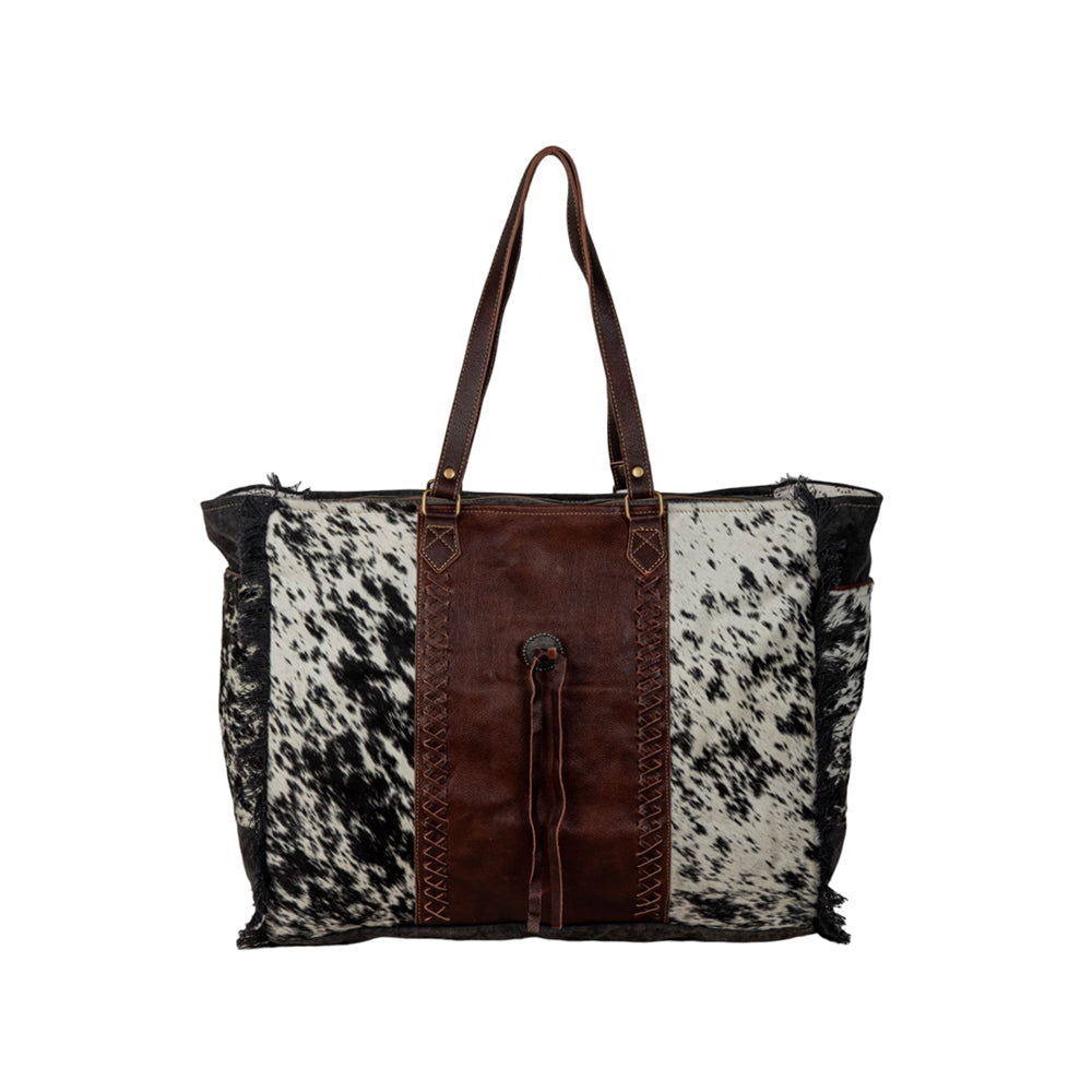 Myra Rosalinda Cross Stitched Hairon Leather Weekender Bag - Spacious Travel Tote with Stitch Trim and Durable Shoulder Straps