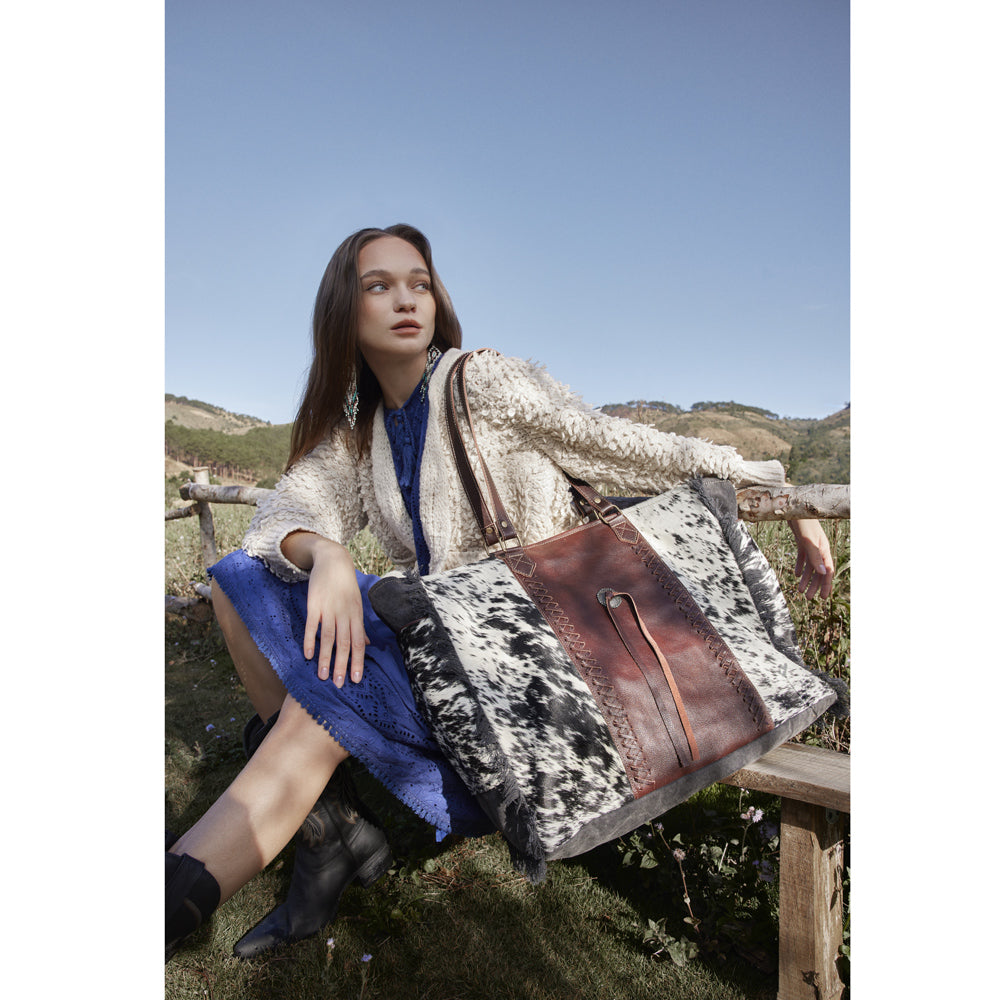 Myra Rosalinda Cross Stitched Hairon Leather Weekender Bag - Spacious Travel Tote with Stitch Trim and Durable Shoulder Straps