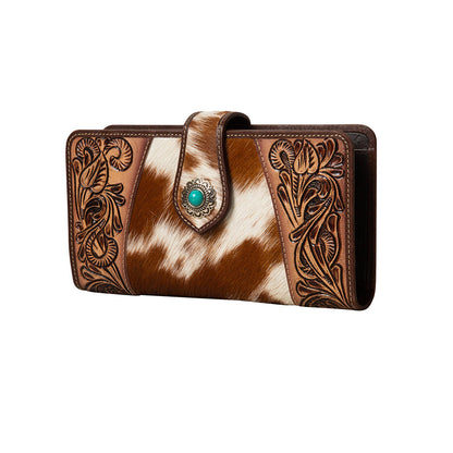 Myra Roscoe Ridge Hairon Leather Wallet for Women – Handtooled Trim, Turquoise Stone Button for Ranch-Ready Style