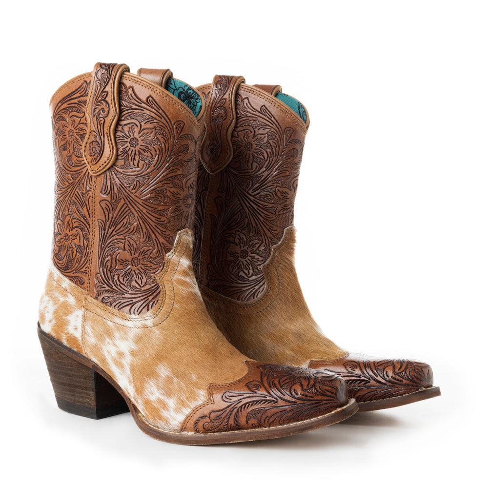 Myra Kelsey Anne Handtooled Leather Cowgirl Boots for Women – Hairon Finish, Pointed Toe, Rodeo Ready