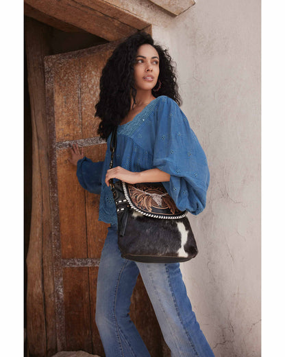Myra Spirit of the Herd Hairon Leather Bag for Women â€“ Western Cowhide Purse with Intricate Tooling