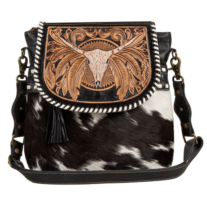 Myra Spirit of the Herd Hairon Leather Bag for Women â€“ Western Cowhide Purse with Intricate Tooling