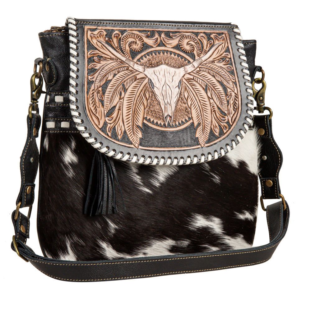 Myra Spirit of the Herd Hairon Leather Bag for Women â€“ Western Cowhide Purse with Intricate Tooling