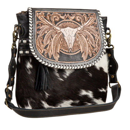 Myra Spirit of the Herd Hairon Leather Bag for Women â€“ Western Cowhide Purse with Intricate Tooling