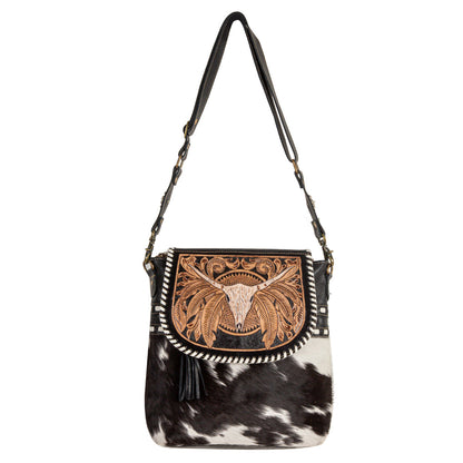 Myra Spirit of the Herd Hairon Leather Bag for Women â€“ Western Cowhide Purse with Intricate Tooling