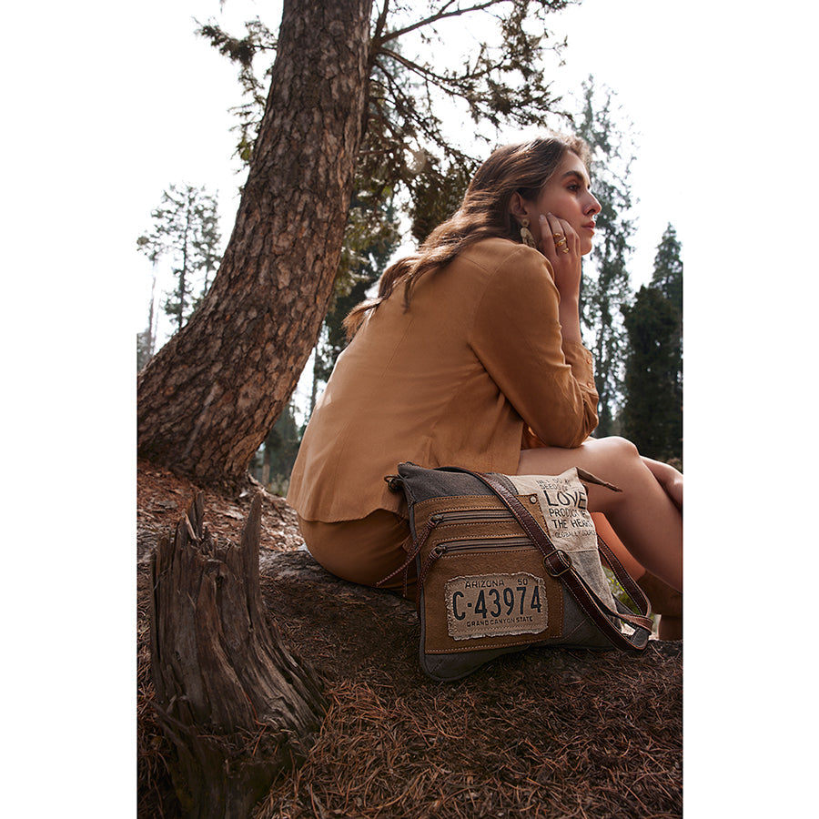 Myra Seeds of Love Crossbody Bag - Vintage Patch Leather Shoulder Bag with Zippered Pockets for Western Style