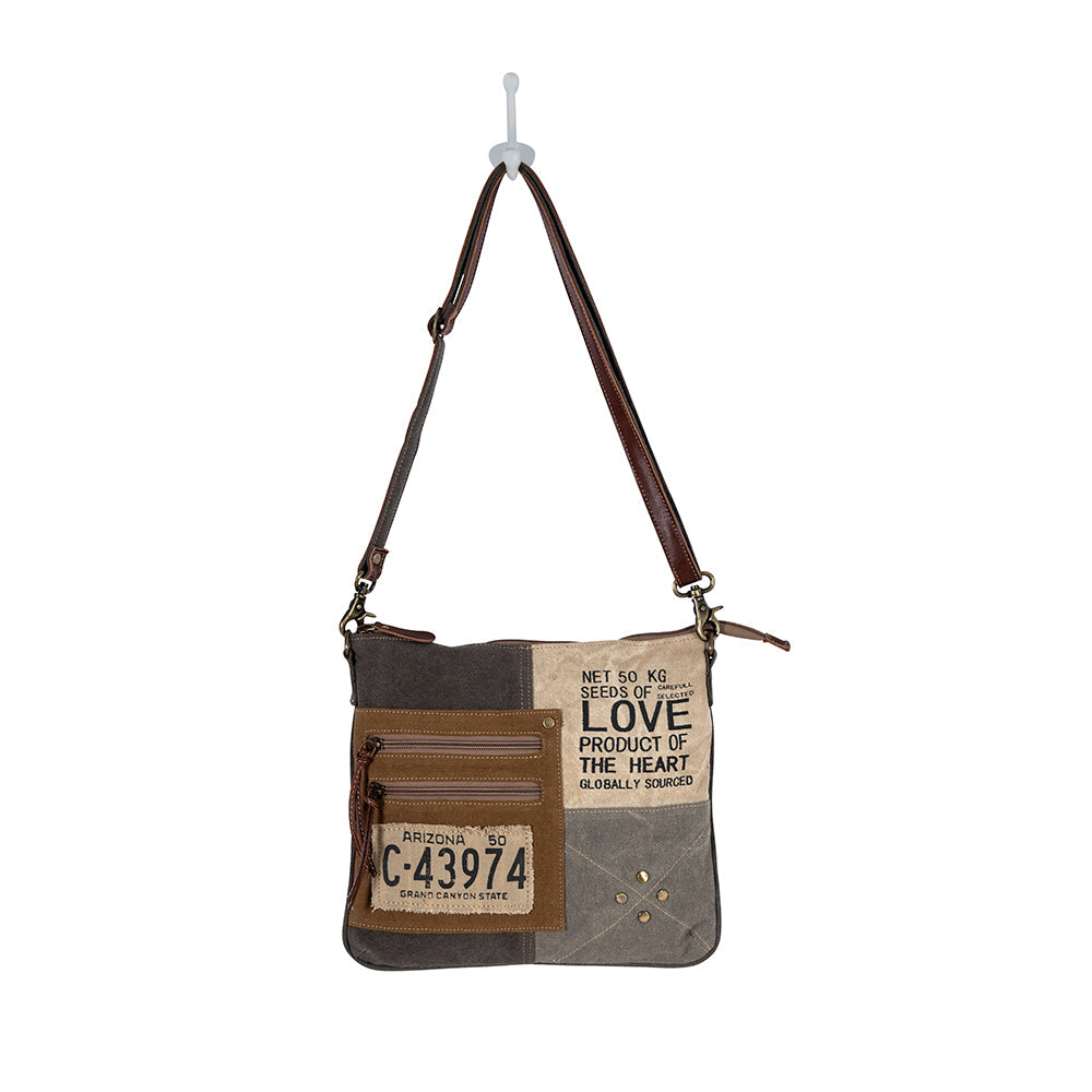 Myra Seeds of Love Crossbody Bag - Vintage Patch Leather Shoulder Bag with Zippered Pockets for Western Style