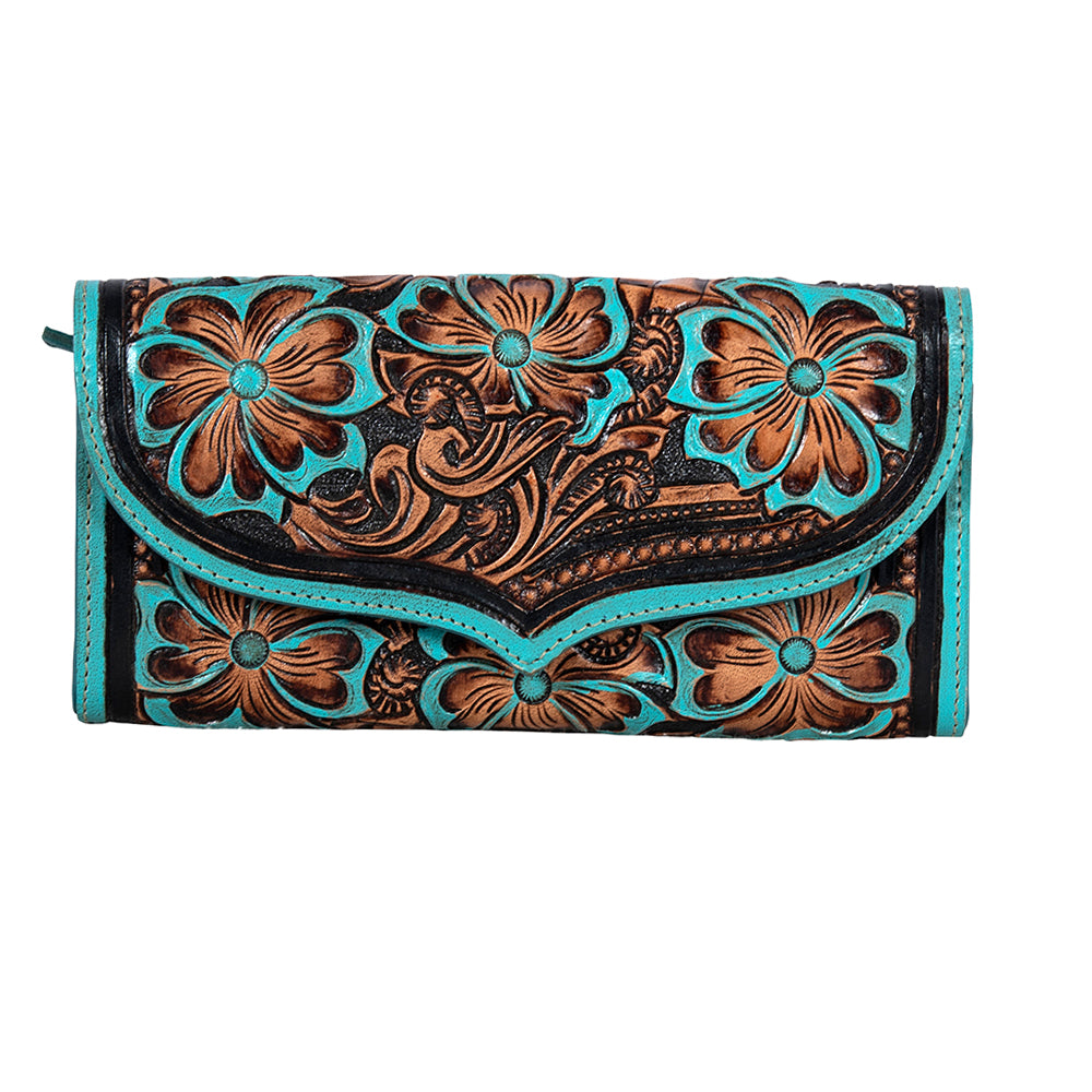 Myra Flower Crest Tooled Leather Wallet â€“ Floral Embossed with Turquoise Accents