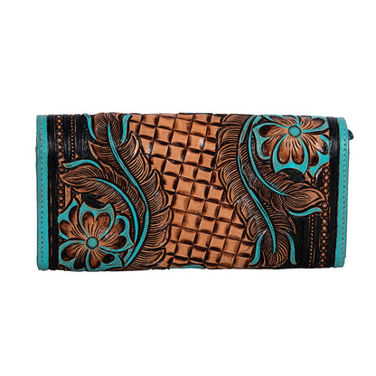 Myra Flower Crest Tooled Leather Wallet â€“ Floral Embossed with Turquoise Accents