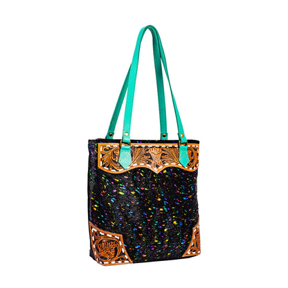 Myra Galaxy Fire Handtooled Shoulder Bag â€“ Black Sparkle Body with Aqua Leather Straps