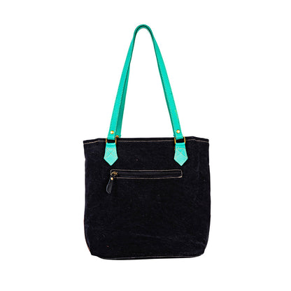 Myra Galaxy Fire Handtooled Shoulder Bag â€“ Black Sparkle Body with Aqua Leather Straps
