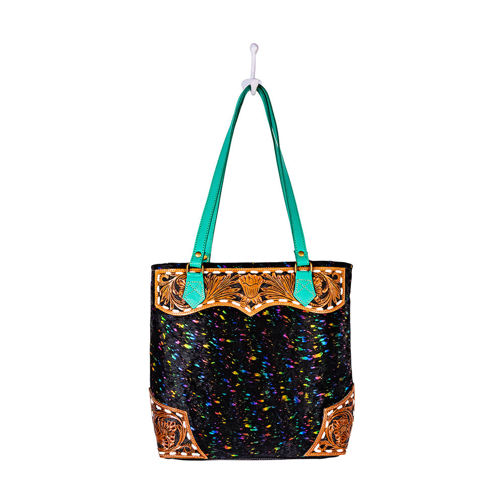Myra Galaxy Fire Handtooled Shoulder Bag â€“ Black Sparkle Body with Aqua Leather Straps