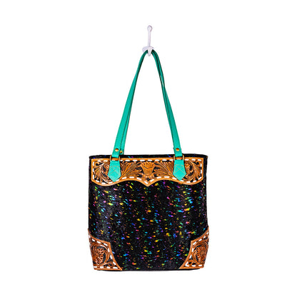 Myra Galaxy Fire Handtooled Shoulder Bag â€“ Black Sparkle Body with Aqua Leather Straps