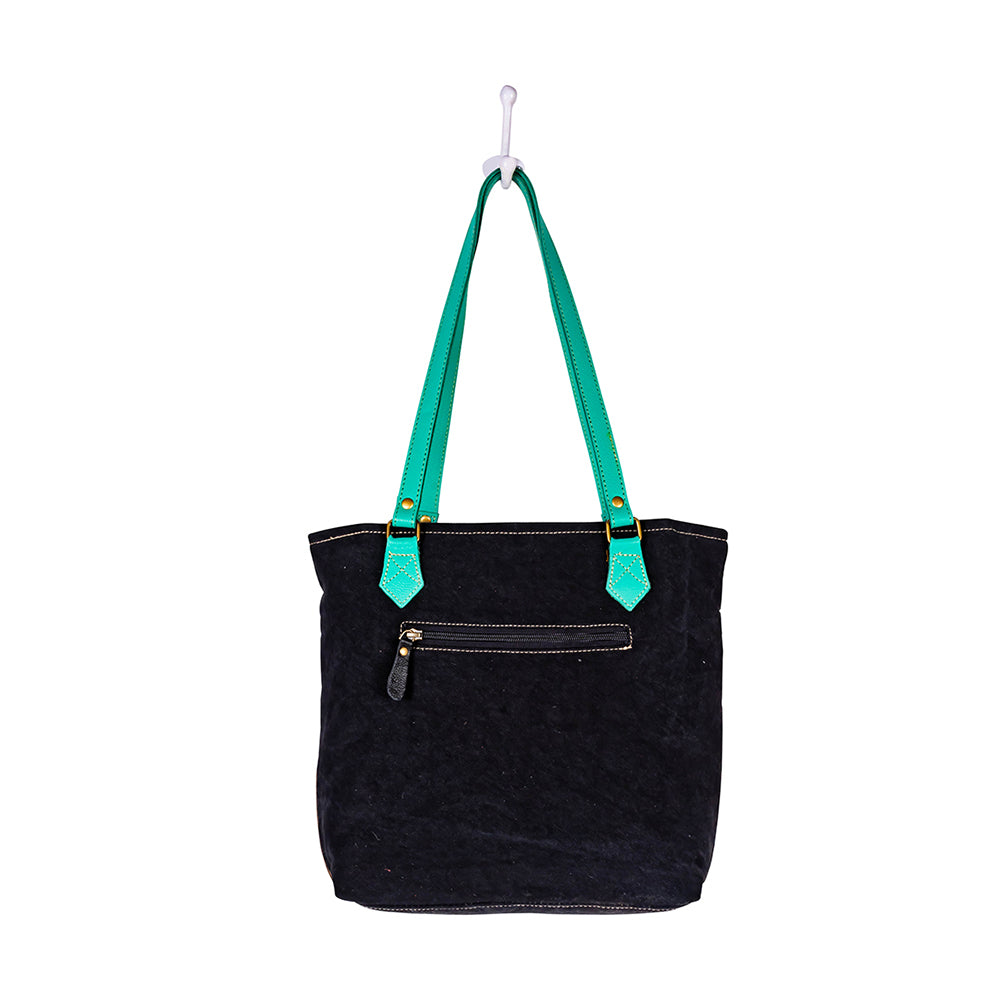 Myra Galaxy Fire Handtooled Shoulder Bag â€“ Black Sparkle Body with Aqua Leather Straps