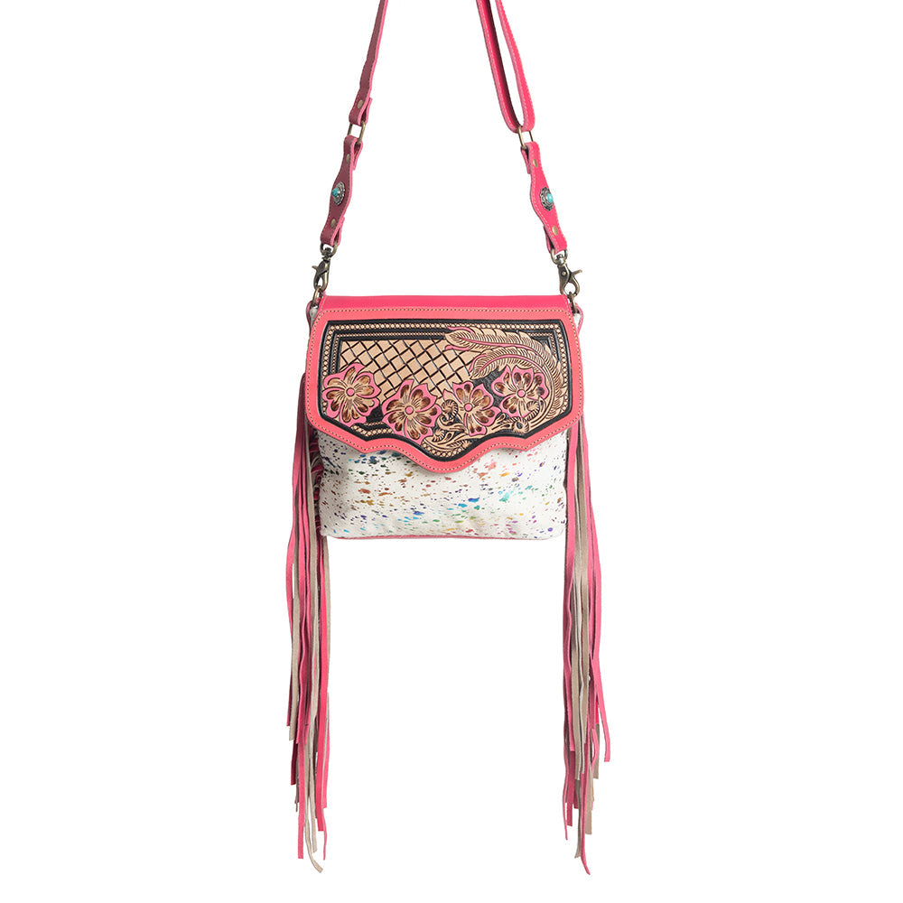 Myra Rosa Verde Hand Tooled Leather Sling Bag for Women â€“ Pink Floral Western Flap, Fringe Sides, Speckled Print Body