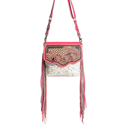 Myra Rosa Verde Hand Tooled Leather Sling Bag for Women â€“ Pink Floral Western Flap, Fringe Sides, Speckled Print Body