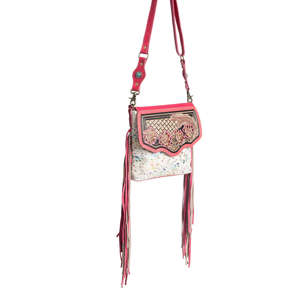 Myra Rosa Verde Hand Tooled Leather Sling Bag for Women â€“ Pink Floral Western Flap, Fringe Sides, Speckled Print Body