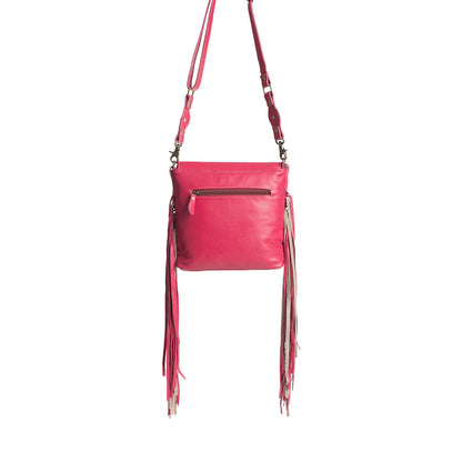 Myra Rosa Verde Hand Tooled Leather Sling Bag for Women â€“ Pink Floral Western Flap, Fringe Sides, Speckled Print Body