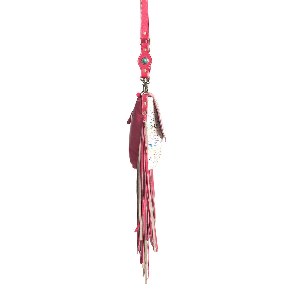 Myra Rosa Verde Hand Tooled Leather Sling Bag for Women â€“ Pink Floral Western Flap, Fringe Sides, Speckled Print Body