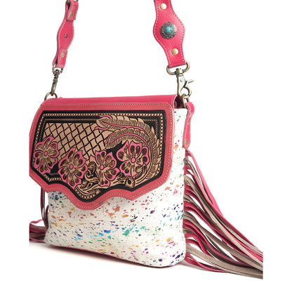 Myra Rosa Verde Hand Tooled Leather Sling Bag for Women â€“ Pink Floral Western Flap, Fringe Sides, Speckled Print Body