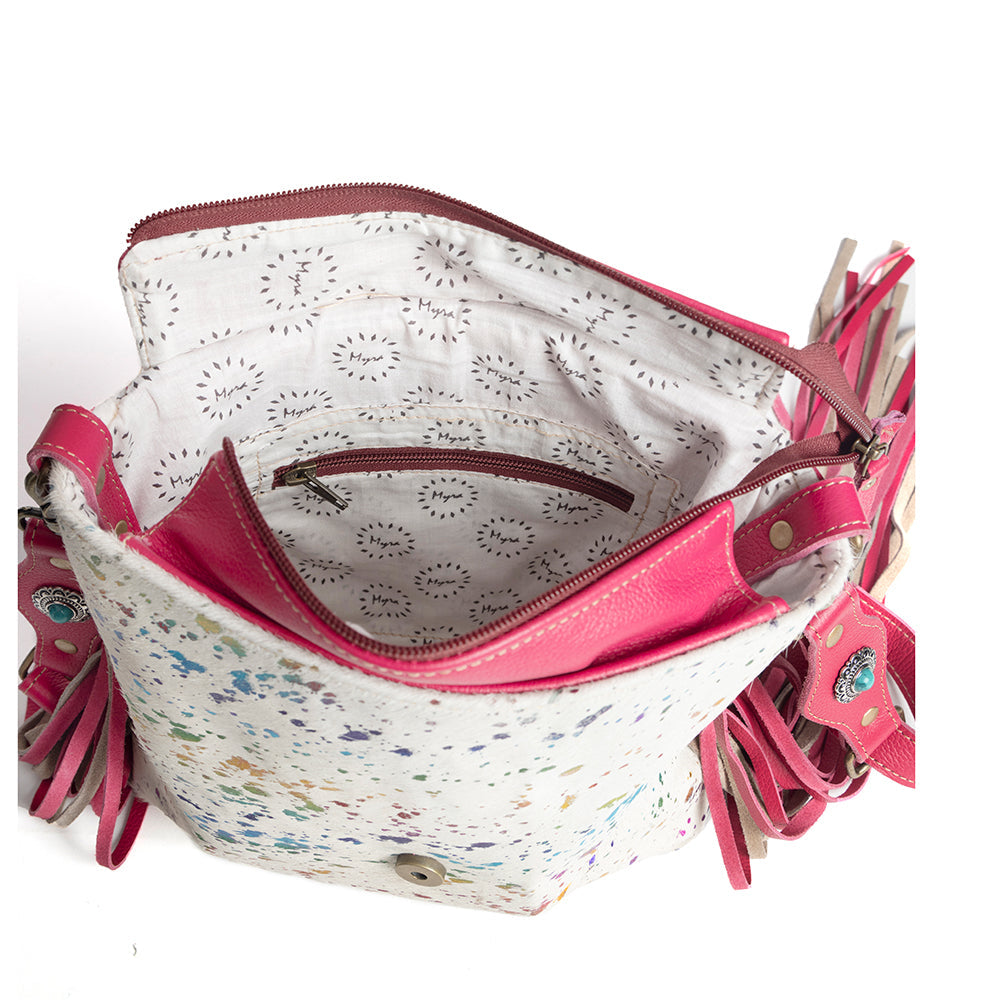 Myra Rosa Verde Hand Tooled Leather Sling Bag for Women â€“ Pink Floral Western Flap, Fringe Sides, Speckled Print Body