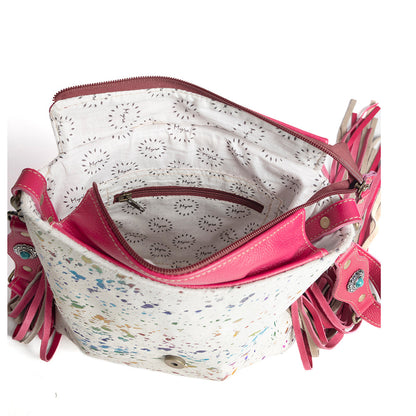 Myra Rosa Verde Hand Tooled Leather Sling Bag for Women â€“ Pink Floral Western Flap, Fringe Sides, Speckled Print Body