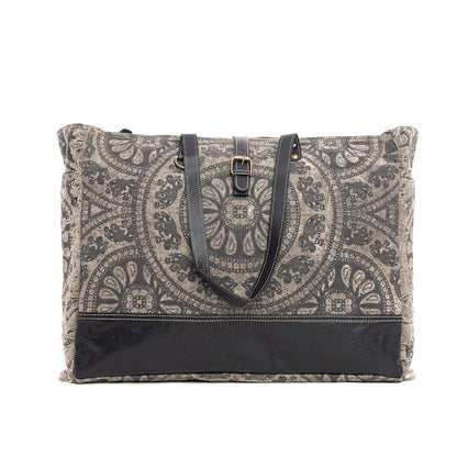 Myra Carmela Printed Canvas Weekender Bag â€“ Leather Handles with Buckle Strap, Spacious Travel Tote for Western Getaways