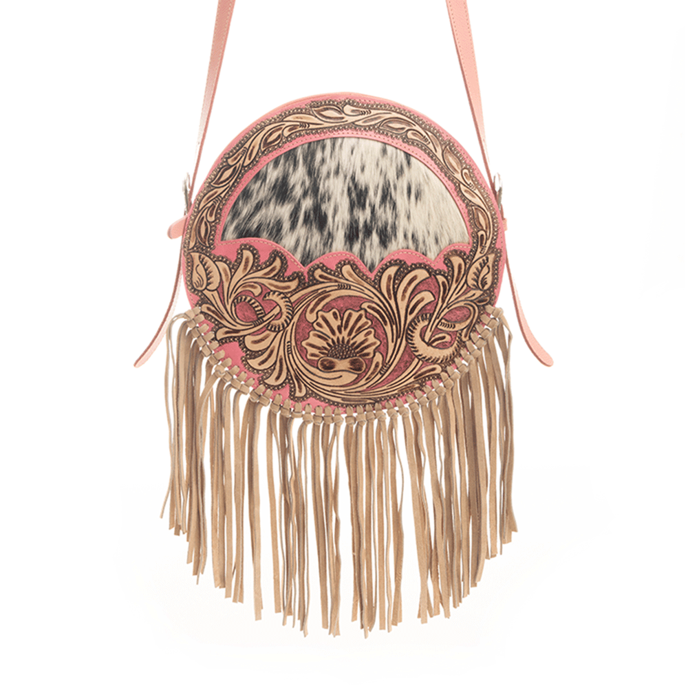 Myra Sanora Sunset Hairon Round Bag - Hand-Tooled Sling Bag with Floral Design and Fringe Detailing for Western Flair