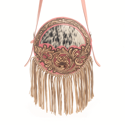 Myra Sanora Sunset Hairon Round Bag - Hand-Tooled Sling Bag with Floral Design and Fringe Detailing for Western Flair