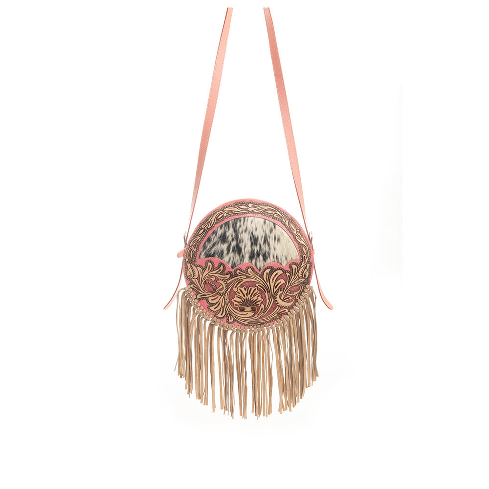 Myra Sanora Sunset Hairon Round Bag - Hand-Tooled Sling Bag with Floral Design and Fringe Detailing for Western Flair