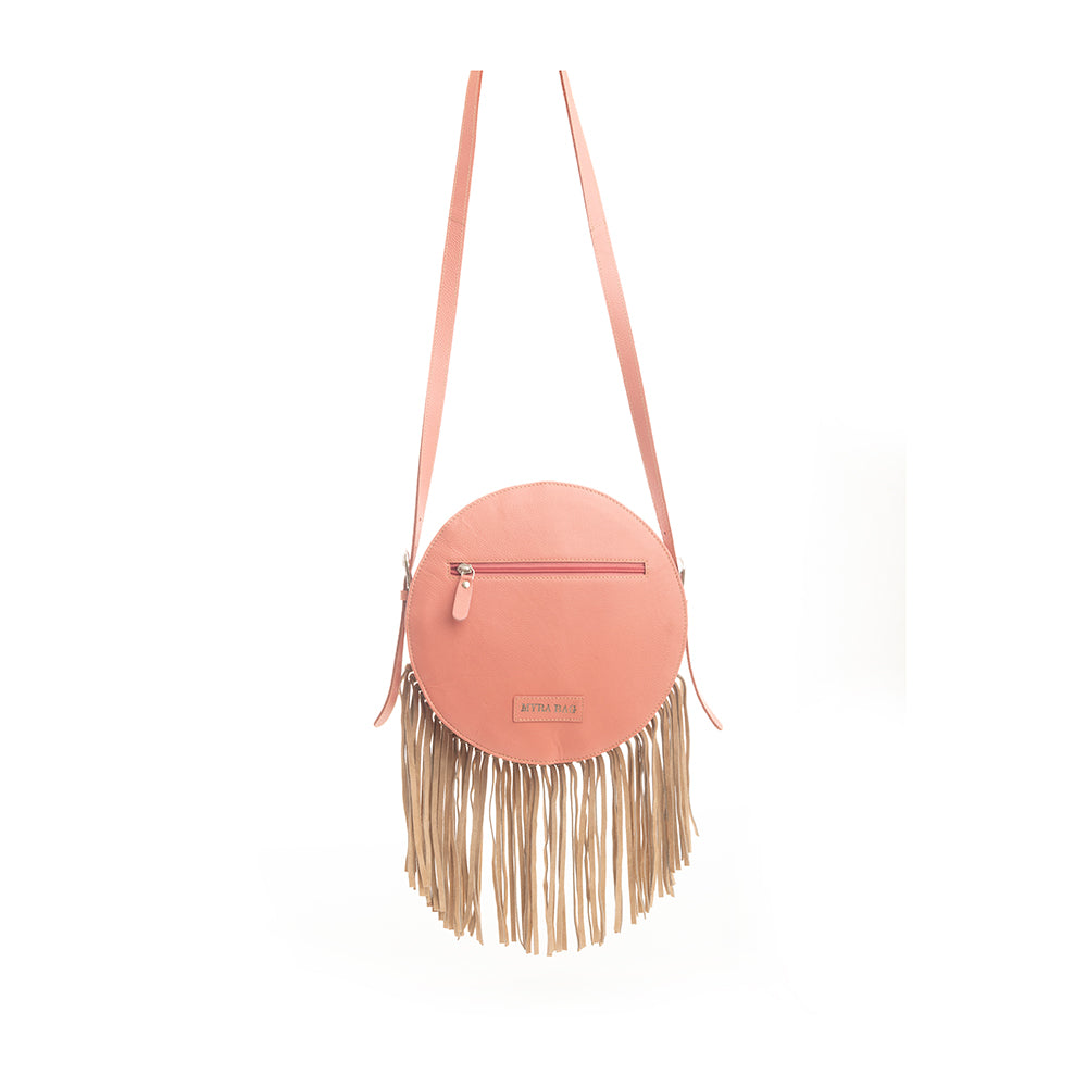Myra Sanora Sunset Hairon Round Bag - Hand-Tooled Sling Bag with Floral Design and Fringe Detailing for Western Flair