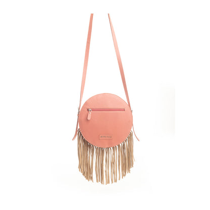 Myra Sanora Sunset Hairon Round Bag - Hand-Tooled Sling Bag with Floral Design and Fringe Detailing for Western Flair