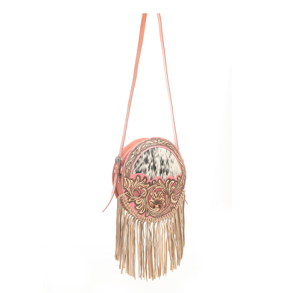 Myra Sanora Sunset Hairon Round Bag - Hand-Tooled Sling Bag with Floral Design and Fringe Detailing for Western Flair