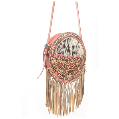 Myra Sanora Sunset Hairon Round Bag - Hand-Tooled Sling Bag with Floral Design and Fringe Detailing for Western Flair