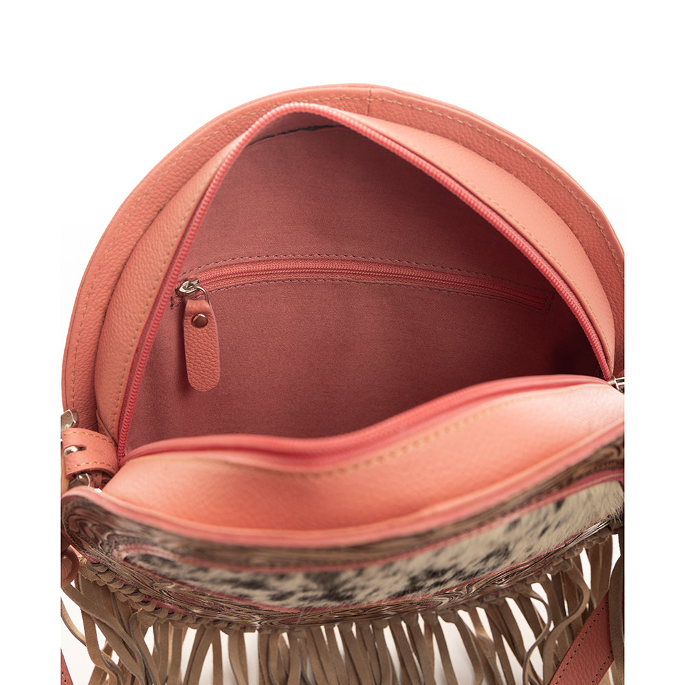 Myra Sanora Sunset Hairon Round Bag - Hand-Tooled Sling Bag with Floral Design and Fringe Detailing for Western Flair