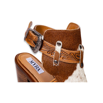 Myra Cora Jo Hairon Leather Boots - Pointed Toe, Block Heel Ankle Boots with Handtooled Buckle Accents for Cowgirl Escapades