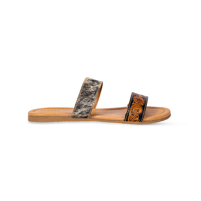 Myra Tambra Mesa Embossed Hairon Leather Slides for Women - Black Tooled Strap, Comfort Footbed for All-Day Style