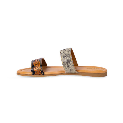 Myra Tambra Mesa Embossed Hairon Leather Slides for Women - Black Tooled Strap, Comfort Footbed for All-Day Style