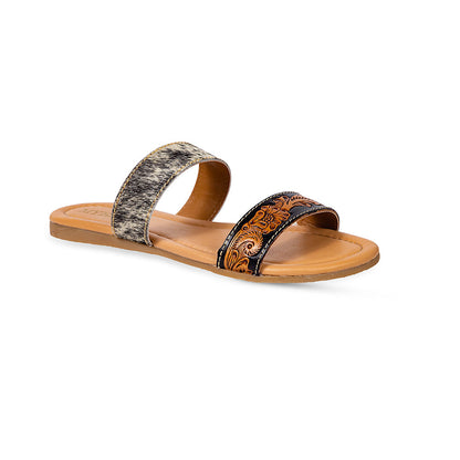 Myra Tambra Mesa Embossed Hairon Leather Slides for Women - Black Tooled Strap, Comfort Footbed for All-Day Style