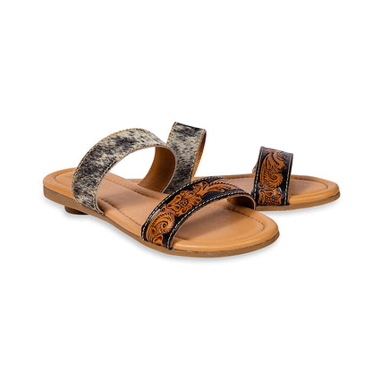 Myra Tambra Mesa Embossed Hairon Leather Slides for Women - Black Tooled Strap, Comfort Footbed for All-Day Style