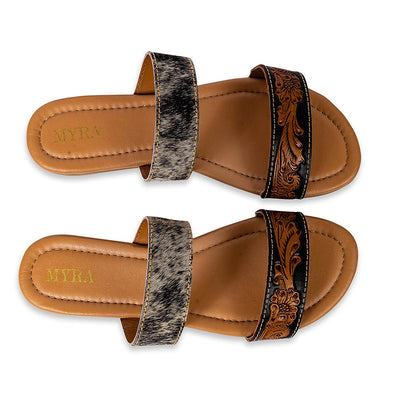 Myra Tambra Mesa Embossed Hairon Leather Slides for Women - Black Tooled Strap, Comfort Footbed for All-Day Style