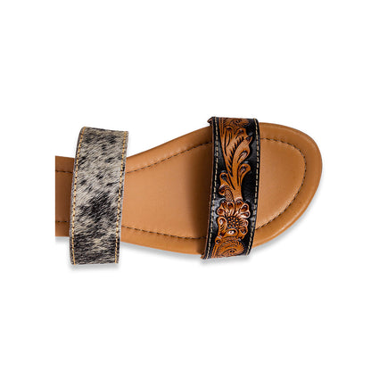 Myra Tambra Mesa Embossed Hairon Leather Slides for Women - Black Tooled Strap, Comfort Footbed for All-Day Style