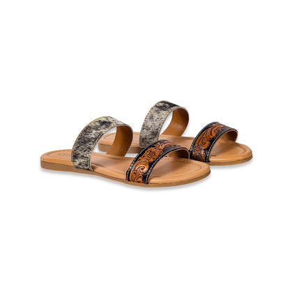 Myra Tambra Mesa Embossed Hairon Leather Slides for Women - Black Tooled Strap, Comfort Footbed for All-Day Style