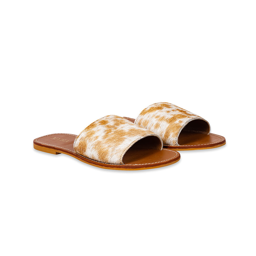 Myra Kemma Hairon Slide Sandals for Women â€“ Comfortable Flat Slides with Tan & White Speckle Print for Western Summer Outings